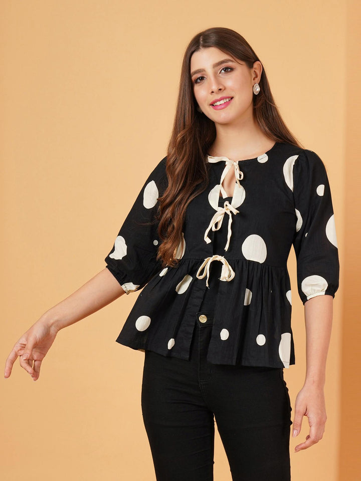 Front Openable Polka Style Peplum Top For Women