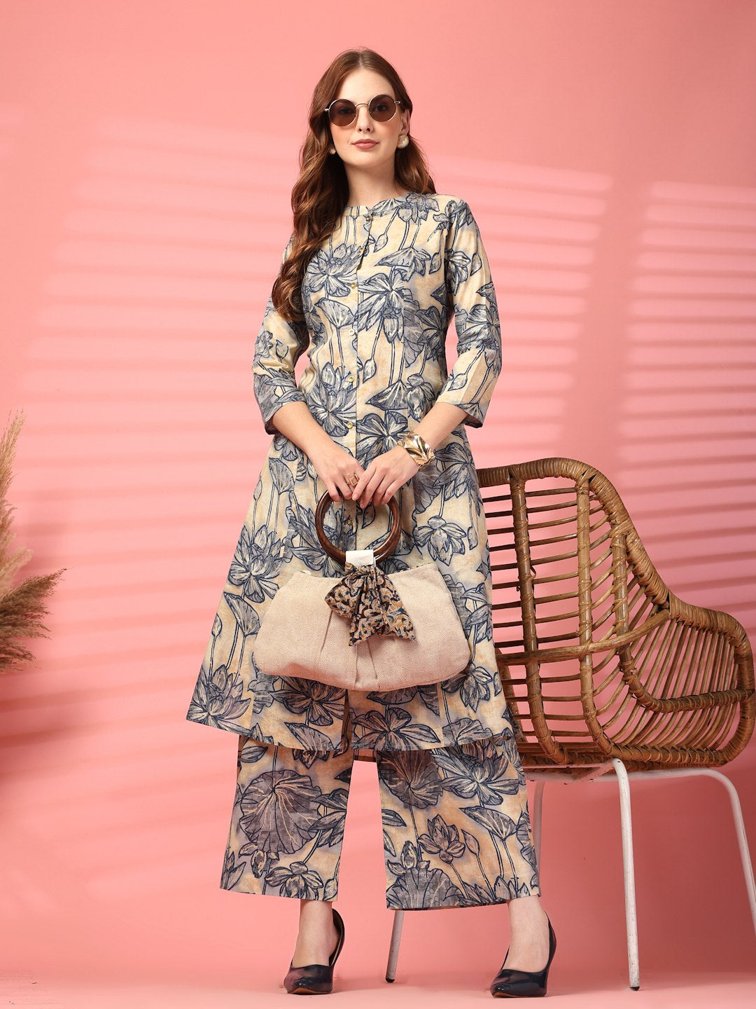 Ensemble Kurta et Palazzo en coton jaune moutarde pour femme