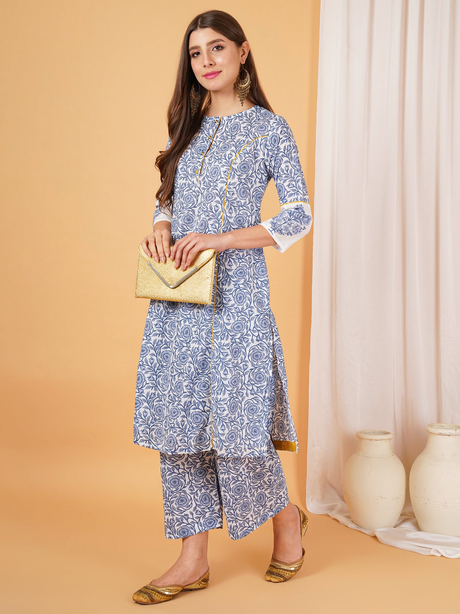 Blue Rose Printed Cotton Straight Kurta Set For Women