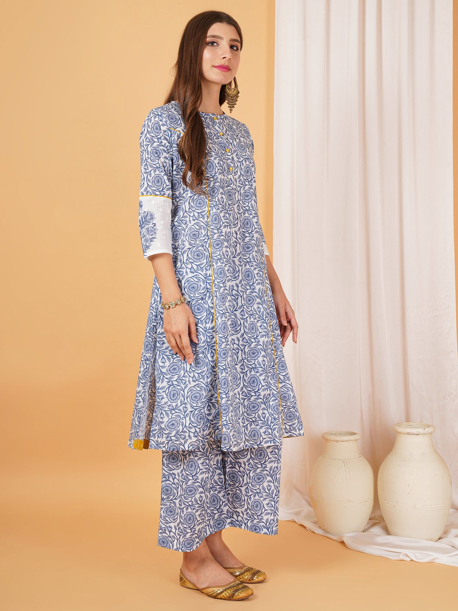 Blue Rose Printed Cotton Straight Kurta Set For Women