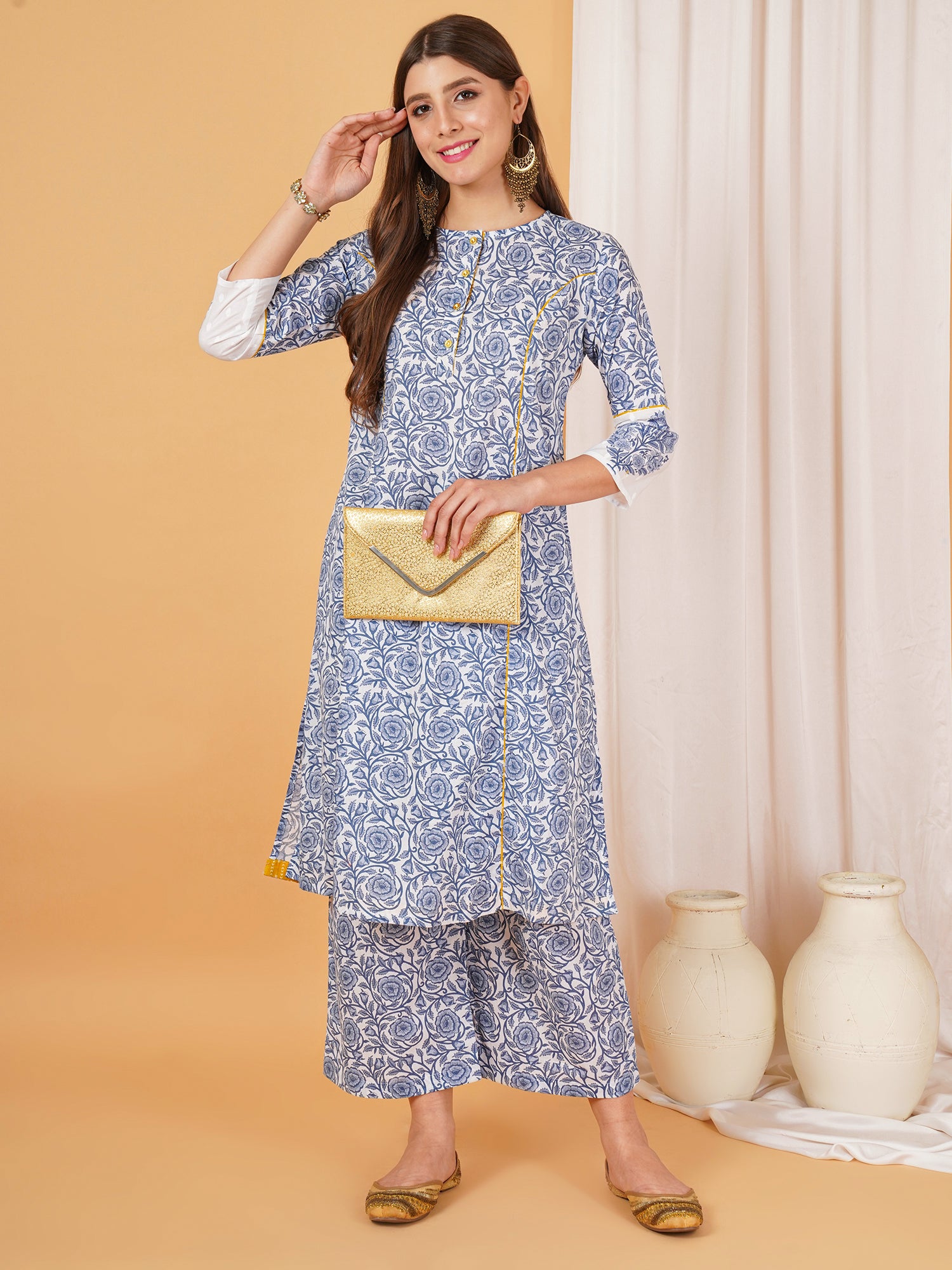 Blue Rose Printed Cotton Straight Kurta Set For Women
