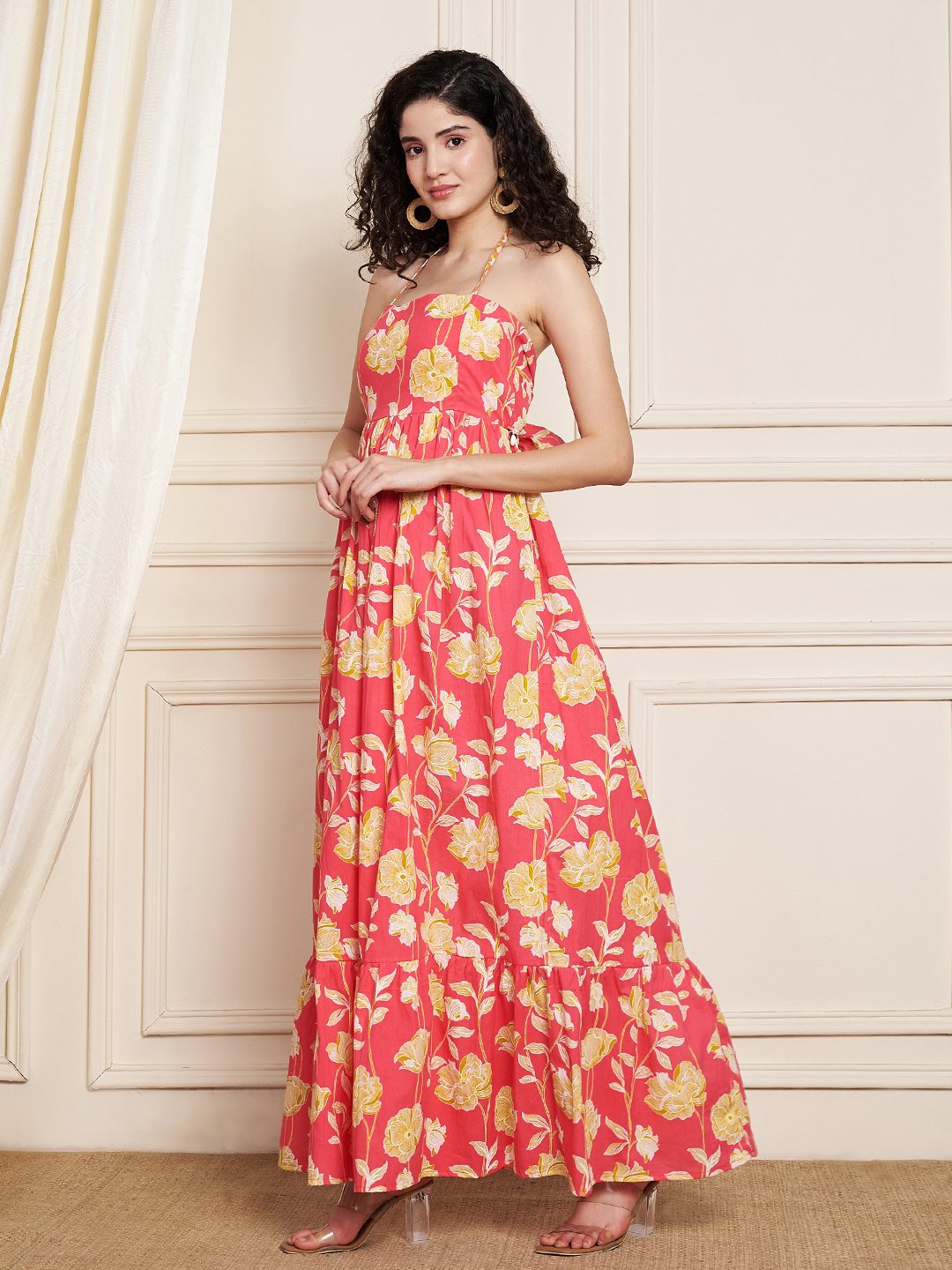 Rosa ausgestelltes Baumwollkleid mit Ikat-Print für Damen