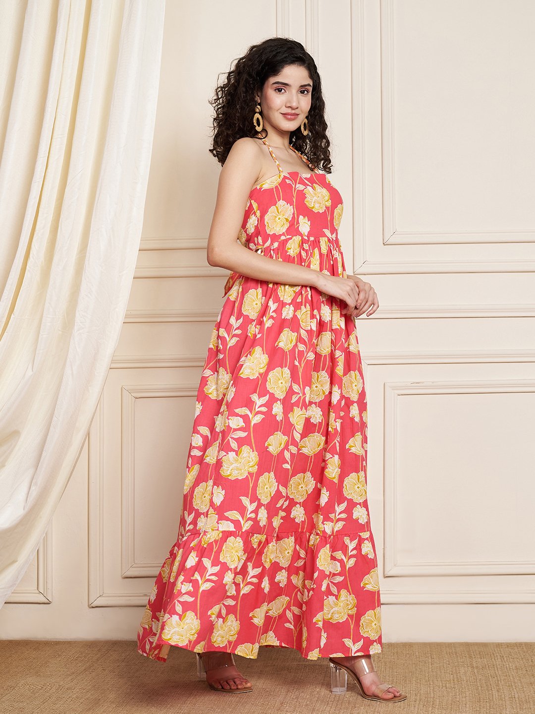 Rosa ausgestelltes Baumwollkleid mit Ikat-Print für Damen