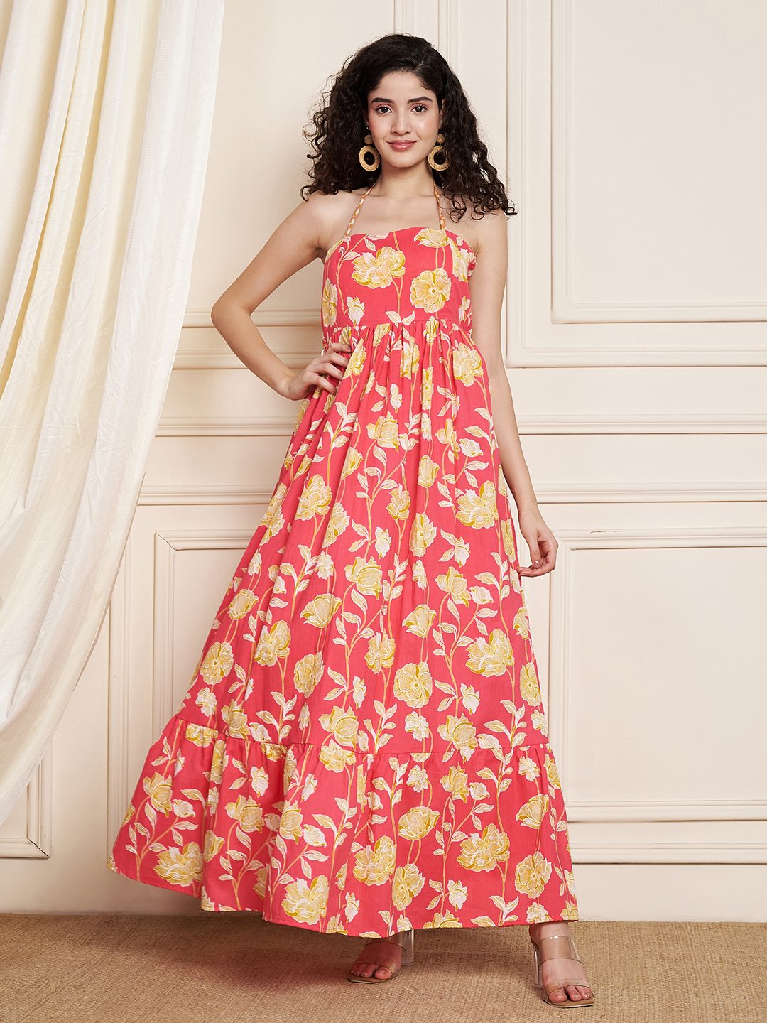 Rosa ausgestelltes Baumwollkleid mit Ikat-Print für Damen