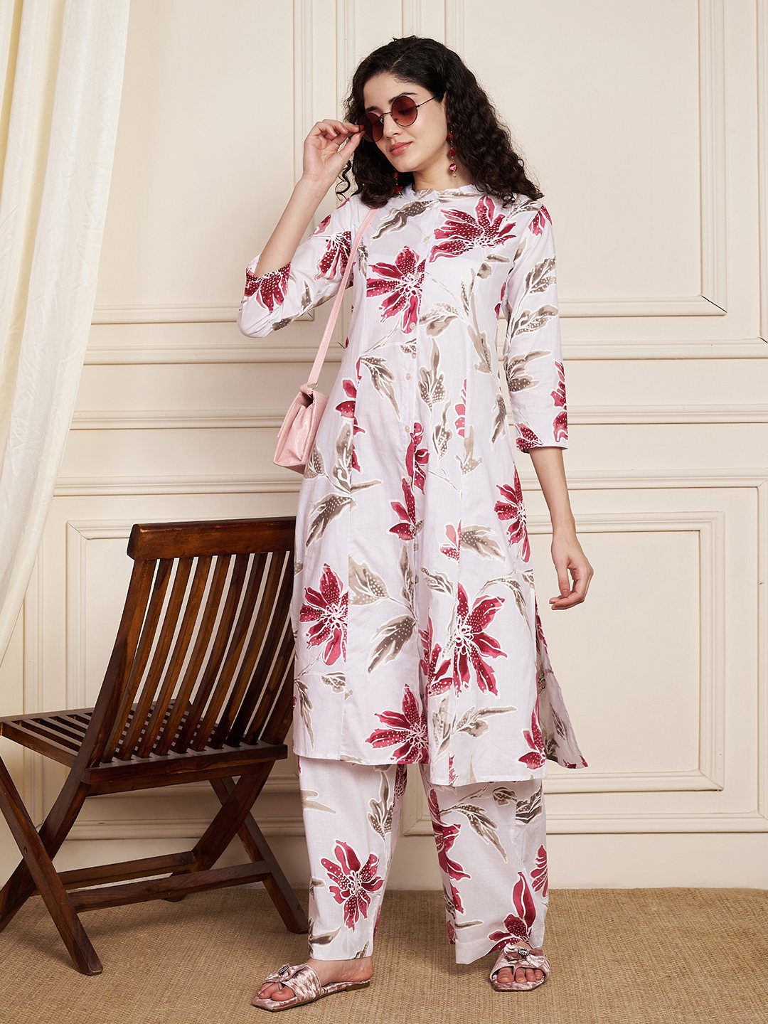 Senfgelbes Kurta- und Palazzo-Set aus Baumwolle für Damen