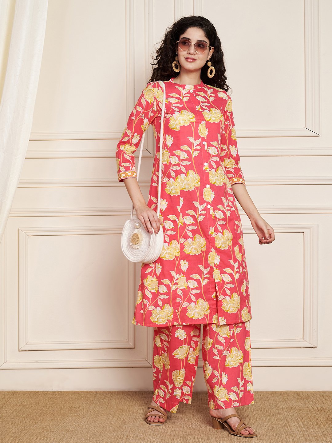 Ensemble Kurta et Palazzo en coton jaune moutarde pour femme