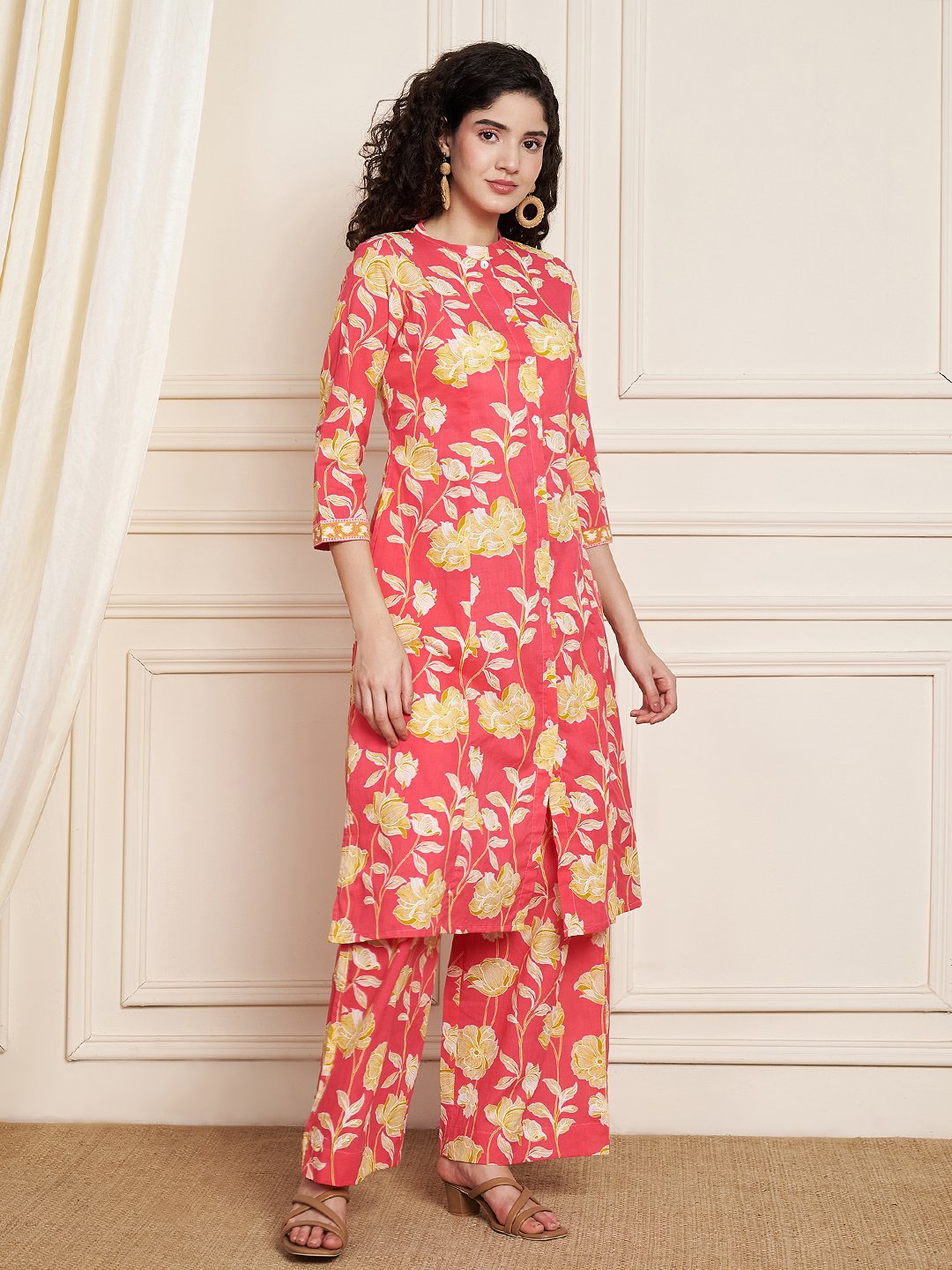 Ensemble Kurta et Palazzo en coton jaune moutarde pour femme