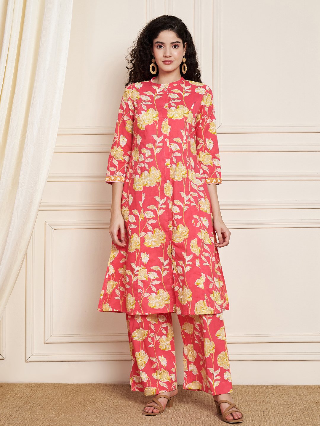 Ensemble Kurta et Palazzo en coton jaune moutarde pour femme
