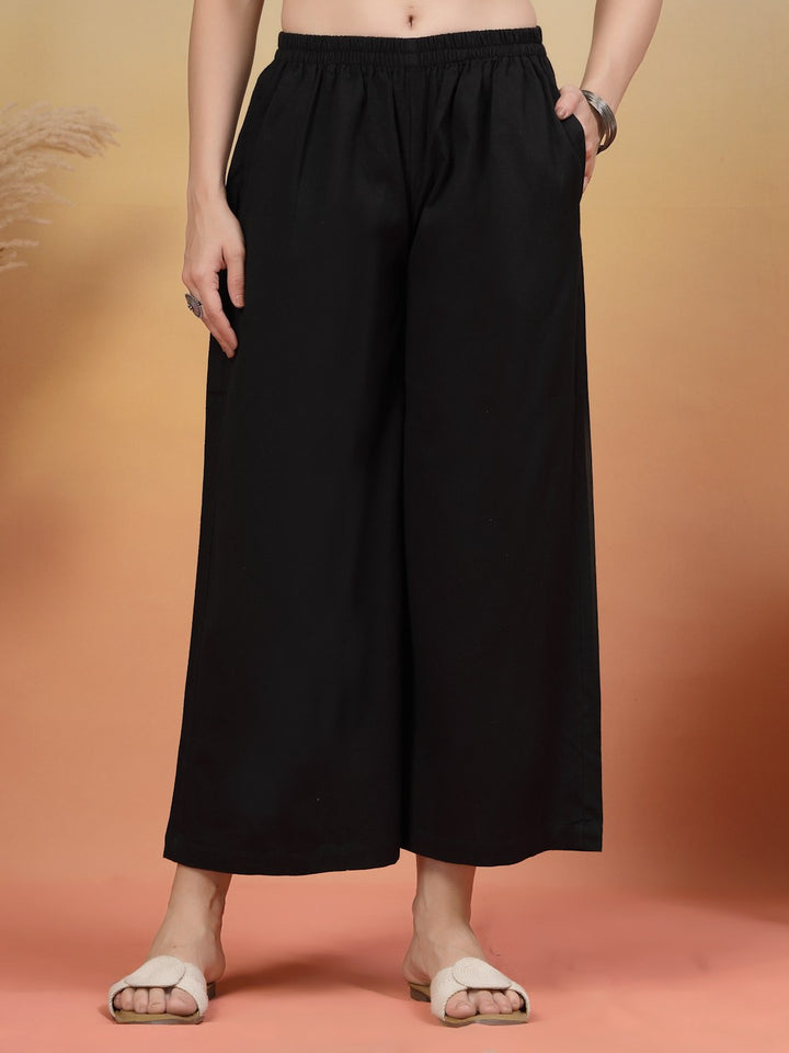 Cotton Flex Solid Black Palazzo Pants For Women by COTLAND