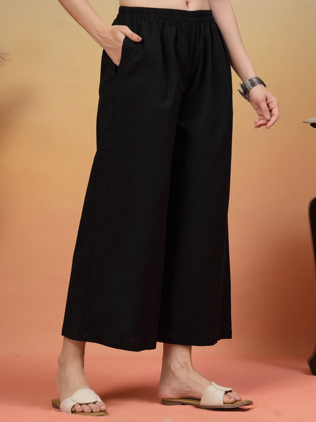 Cotton Flex Solid Black Palazzo Pants For Women