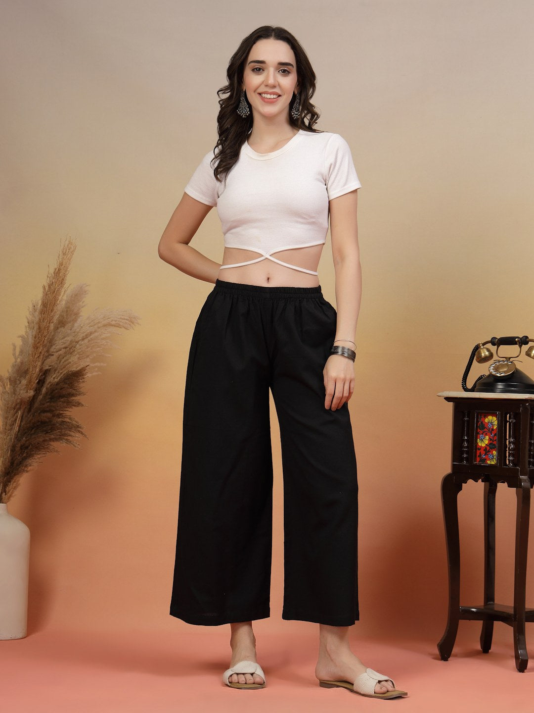 Cotton Flex Solid Black Palazzo Pants For Women