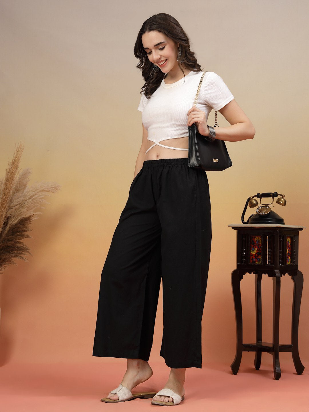 Cotton Flex Solid Black Palazzo Pants For Women