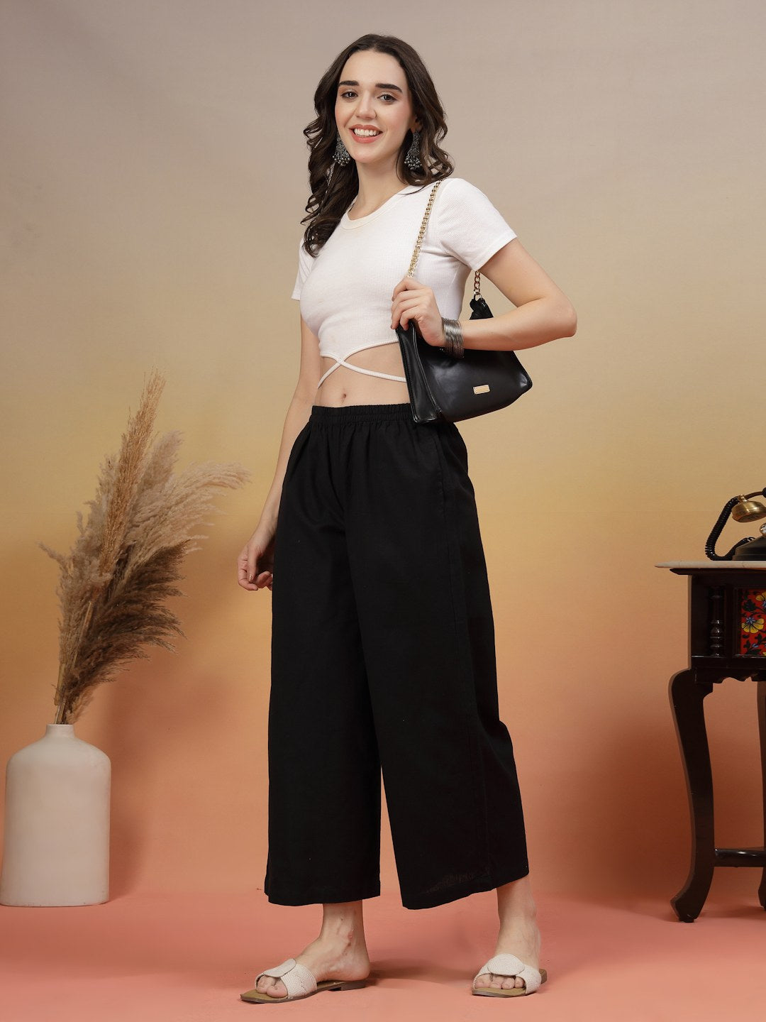 Cotton Flex Solid Black Palazzo Pants For Women