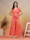 Cotton Wrap Around Co-Ord Set With Stripe Print For Women by COTLAND