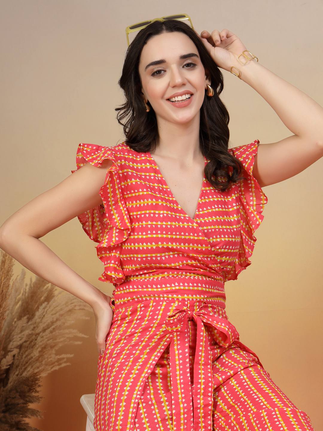 Cotton Wrap Around Co-Ord Set With Stripe Print For Women