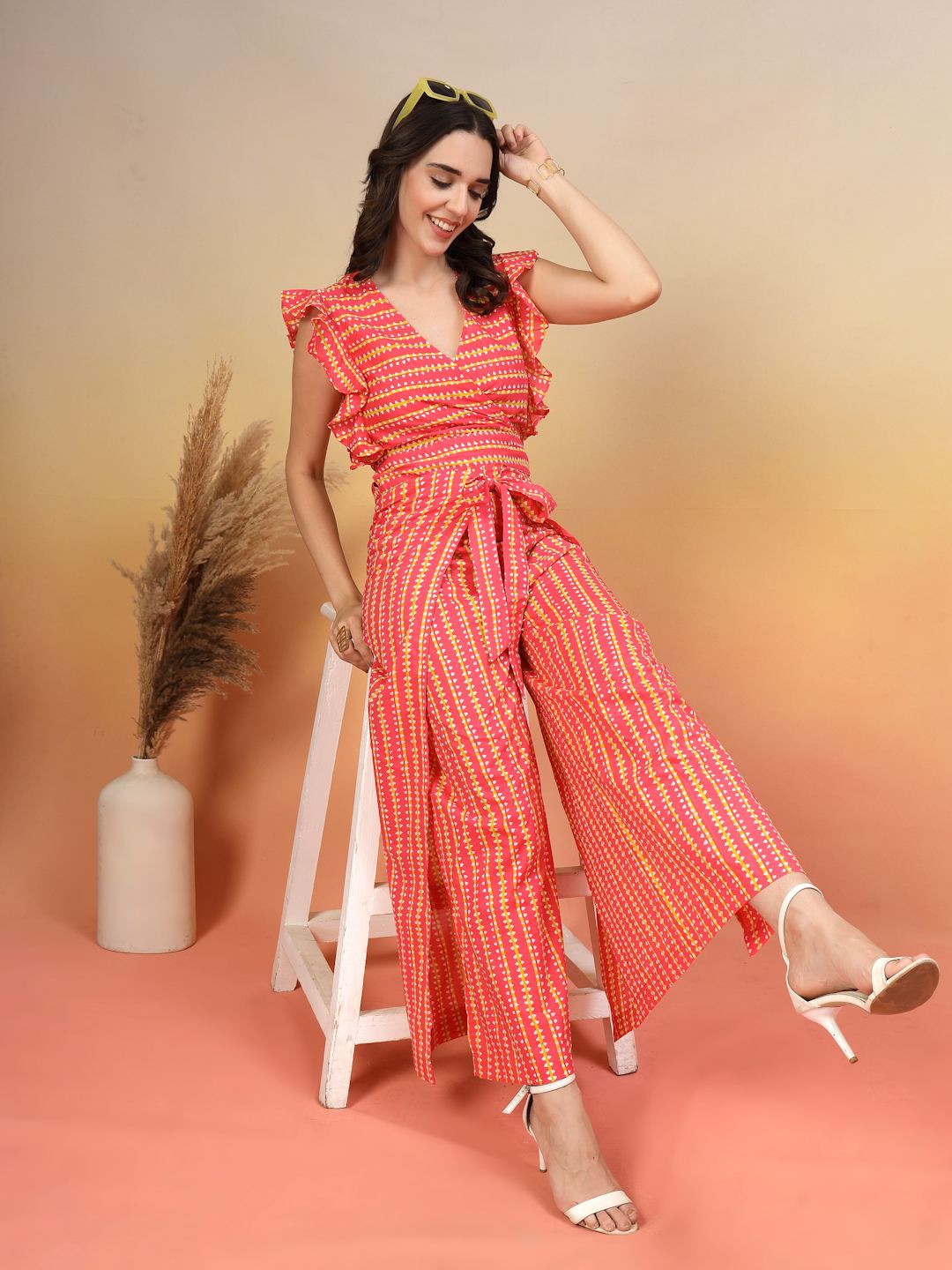 Cotton Wrap Around Co-Ord Set With Stripe Print For Women