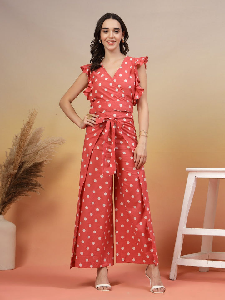 Wrap Around Polka Dot Cotton Co-Ord Set For Women by COTLAND