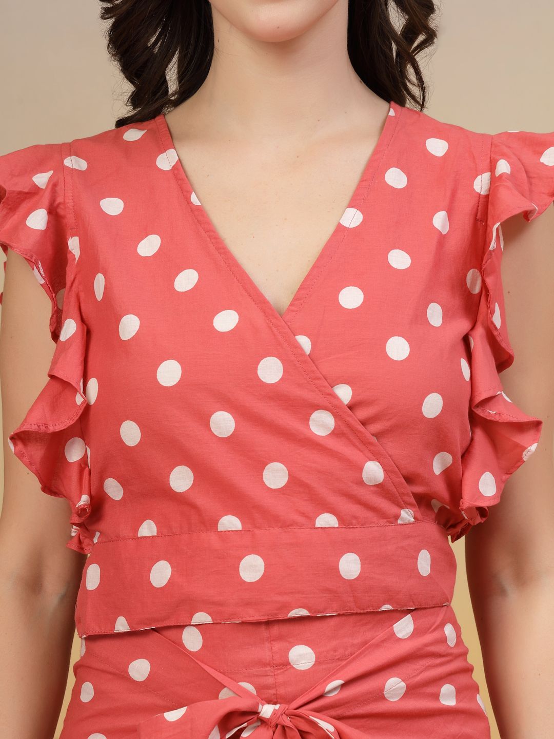 Wrap Around Polka Dot Cotton Co-Ord Set For Women