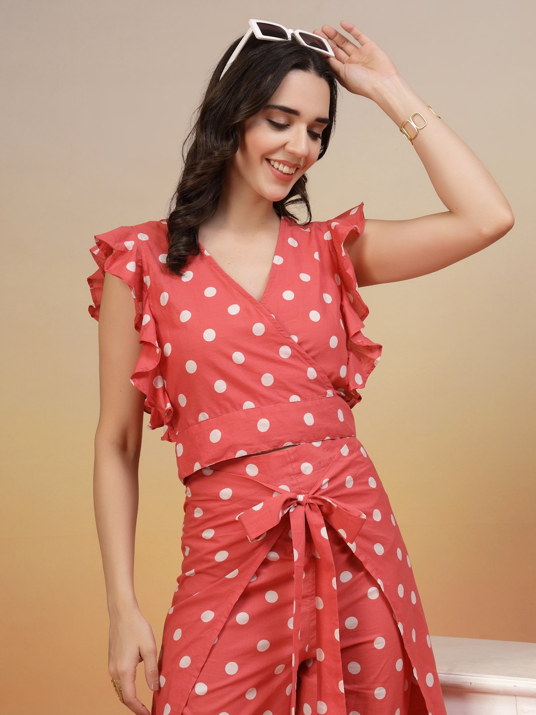 Wrap Around Polka Dot Cotton Co-Ord Set For Women