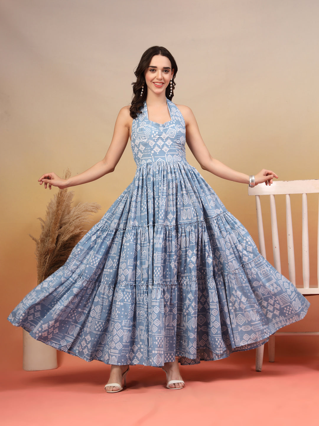 Blue Printed Strappy Cotton Maxi Dress for Women - view 1