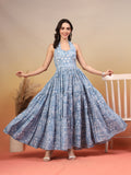Blue Printed Strappy Cotton Maxi Dress for Women - view 1