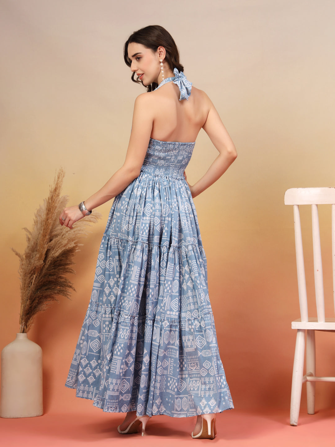 Blue Printed Strappy Cotton Maxi Dress for Women - view 4