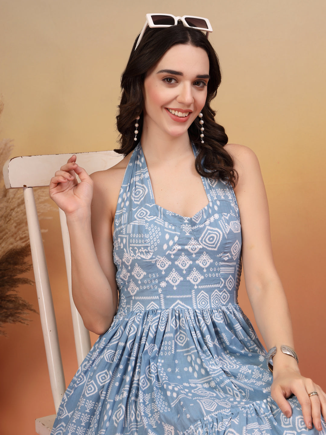 Blue Printed Strappy Cotton Maxi Dress for Women - view 8