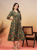 Green Floral Fusion Fit-and-Flare Cotton Dress For Women