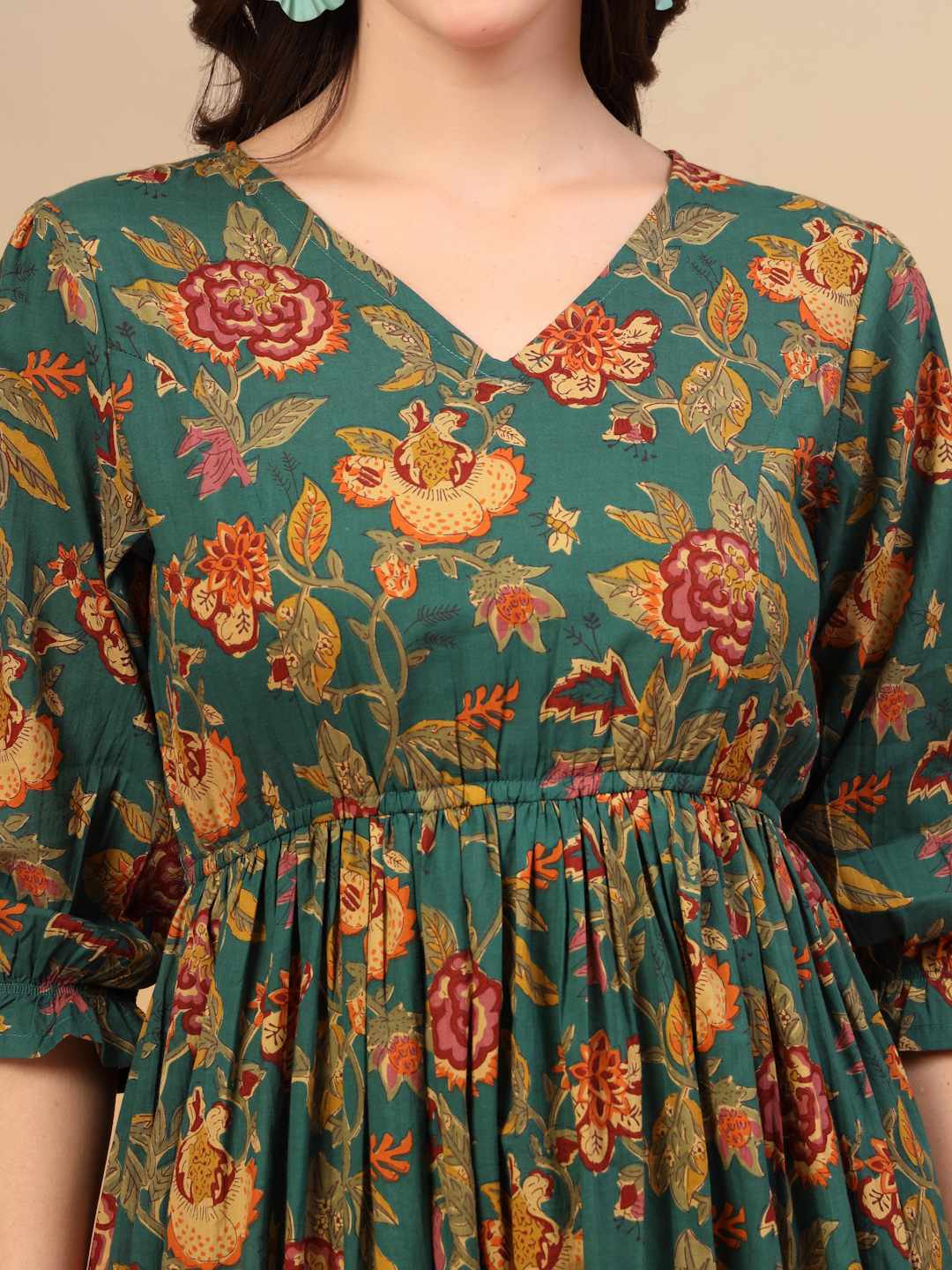 Green Floral Fusion Fit-and-Flare Cotton Dress For Women