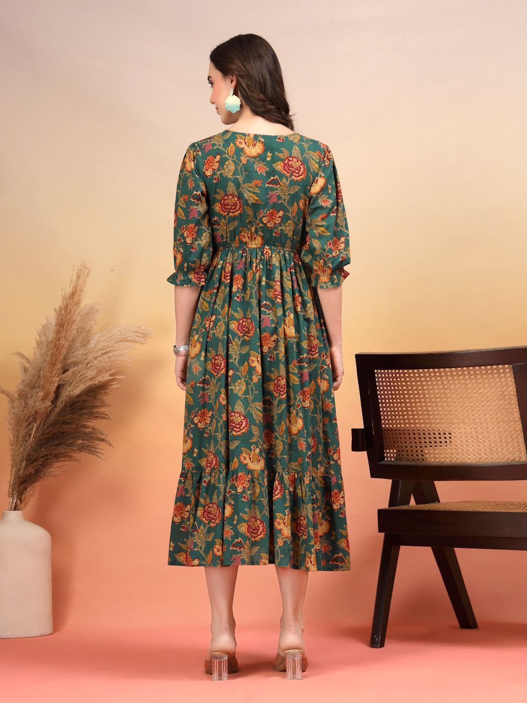 Green Floral Fusion Fit-and-Flare Cotton Dress For Women