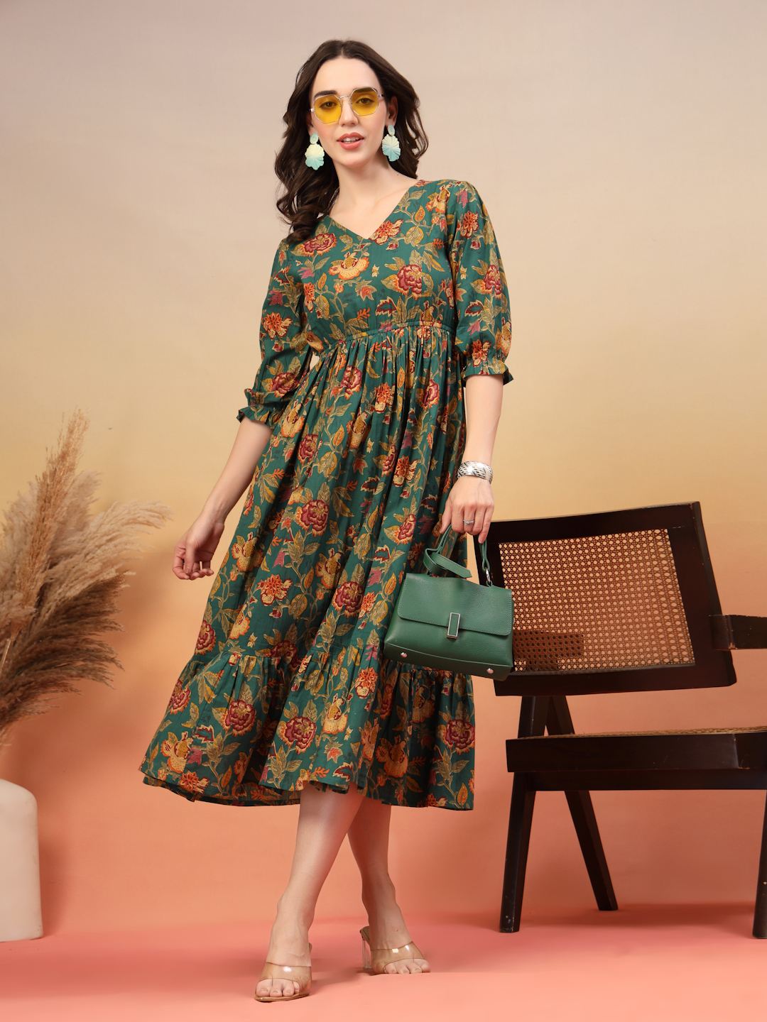Green Floral Fusion Fit-and-Flare Cotton Dress For Women