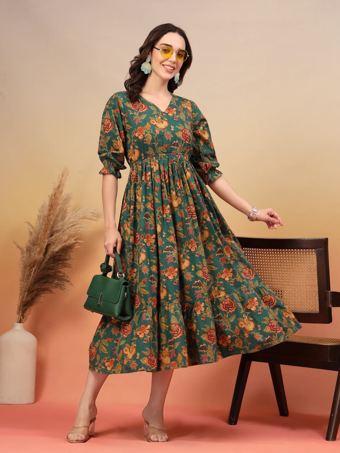 Green Floral Fusion Fit-and-Flare Cotton Dress For Women