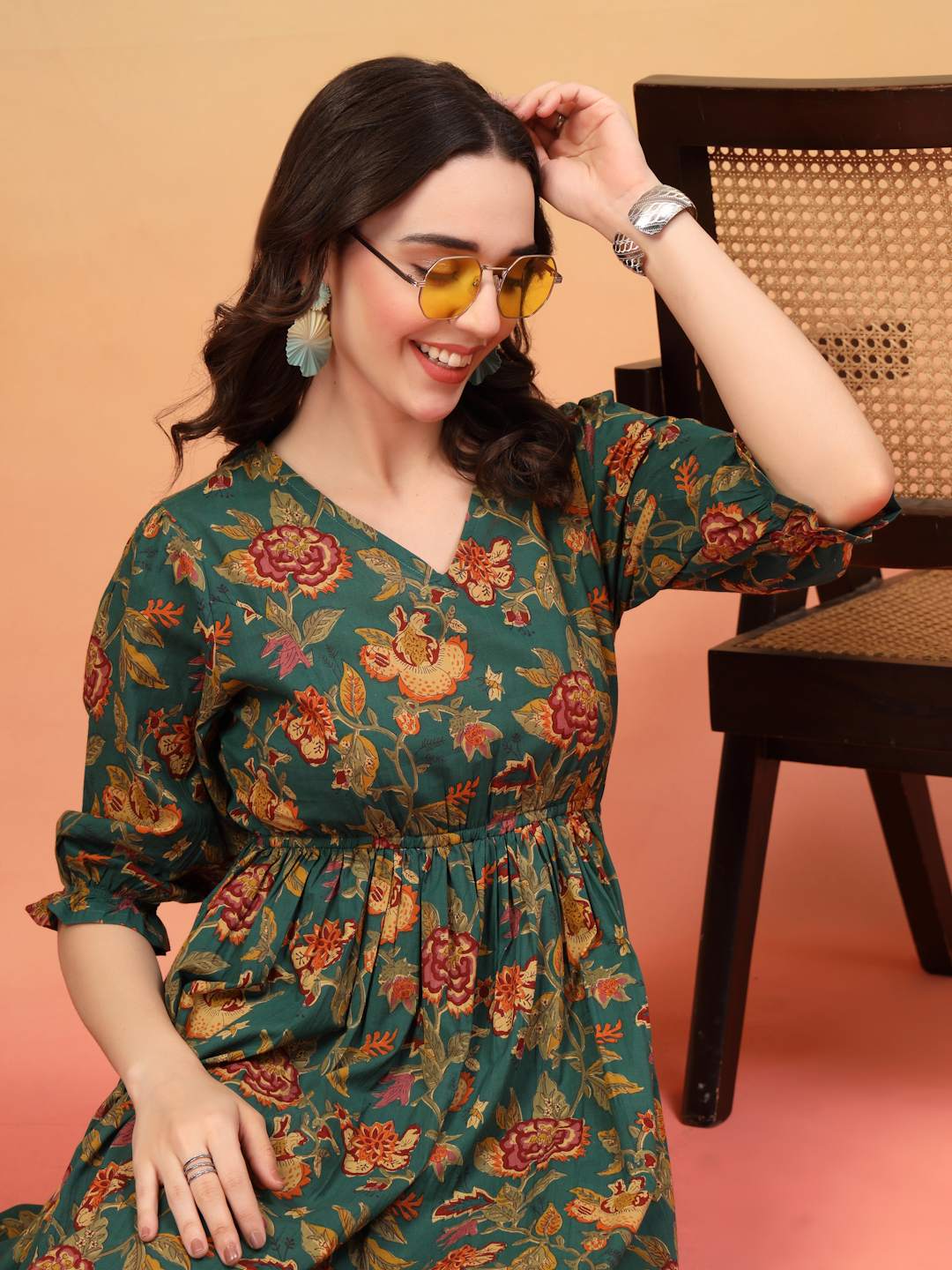 Green Floral Fusion Fit-and-Flare Cotton Dress For Women