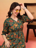 Green Floral Fusion Fit-and-Flare Cotton Dress For Women