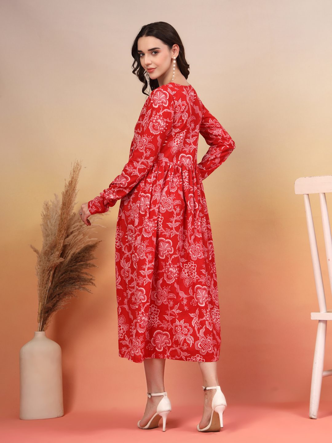 Robe évasée en coton à imprimé ikat rose pour femme