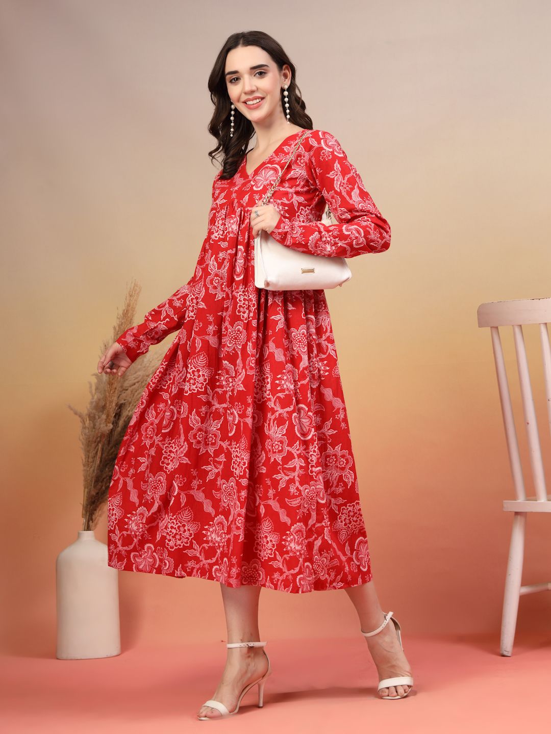 Robe évasée en coton à imprimé ikat rose pour femme