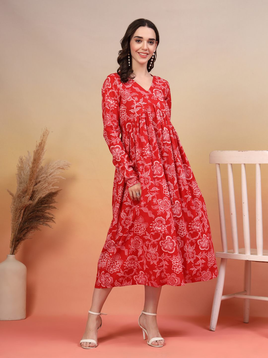 Robe évasée en coton à imprimé ikat rose pour femme