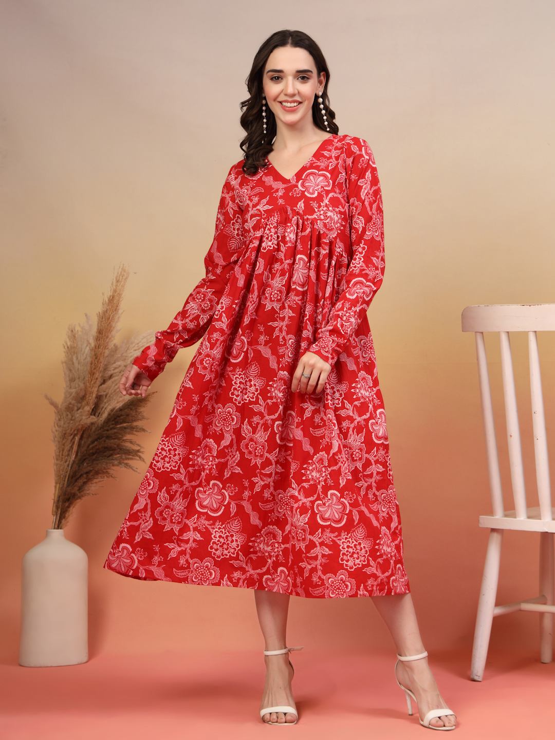 Robe évasée en coton à imprimé ikat rose pour femme