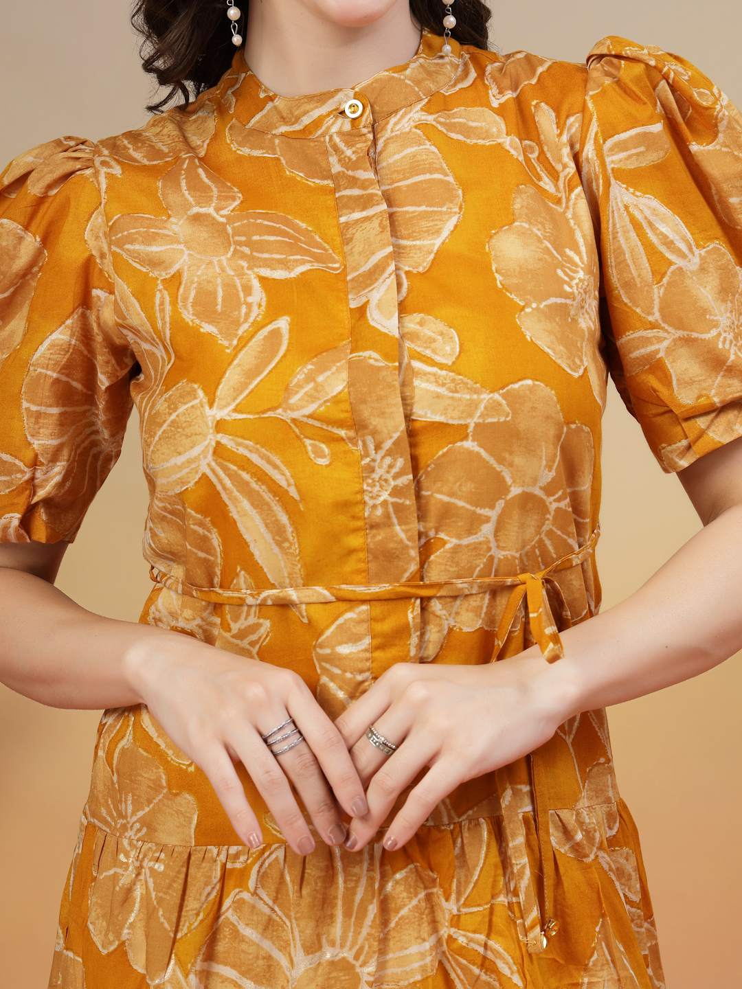 Gold Printed Premium Cotton Puff Sleeves Maxi Dress COTLAND FASHION S Gold Printed Premium Cotton Puff Sleeves Maxi Dress COTLAND FASHION S