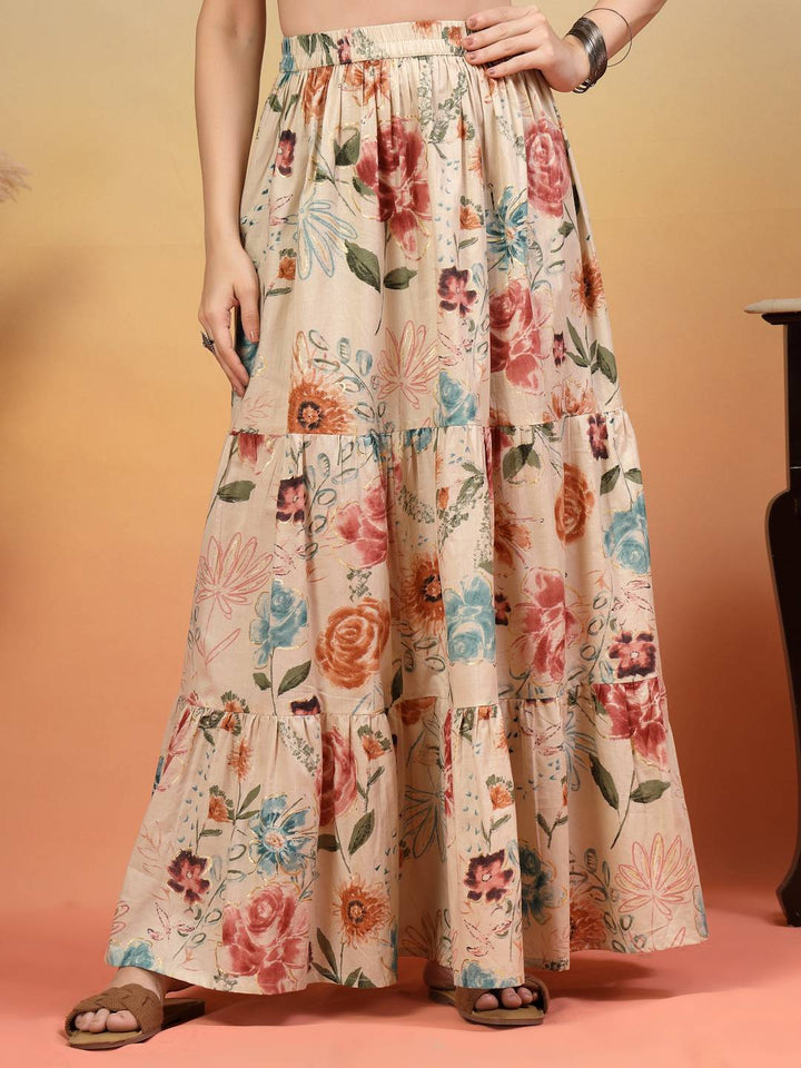 Ethnic Beige Gold Printed Cotton Skirt For Women
