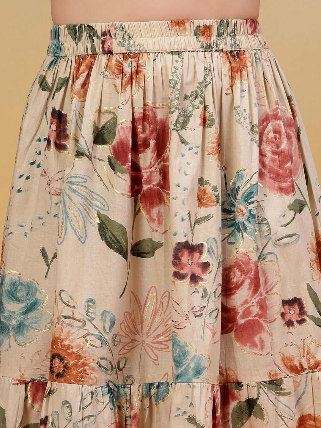 Ethnic Beige Gold Printed Cotton Skirt For Women
