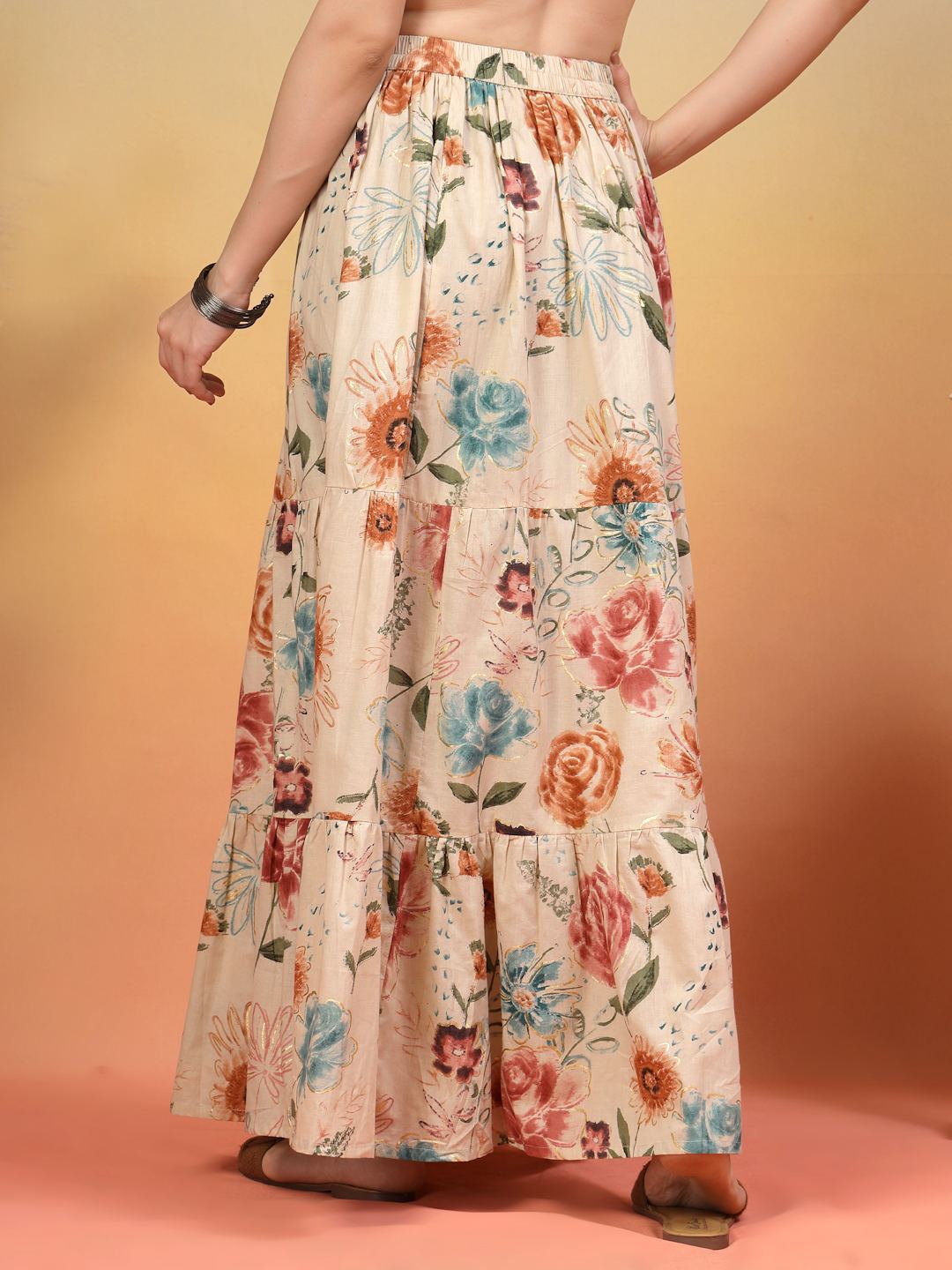 Ethnic Beige Gold Printed Cotton Skirt For Women