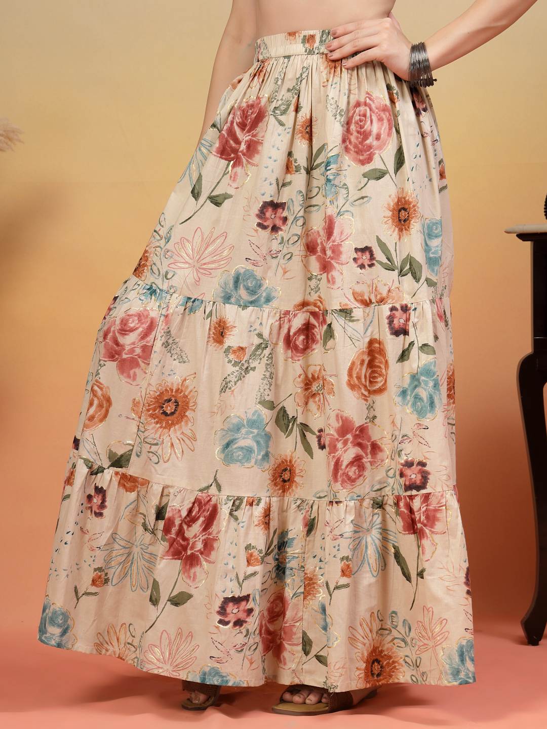 Ethnic Beige Gold Printed Cotton Skirt For Women