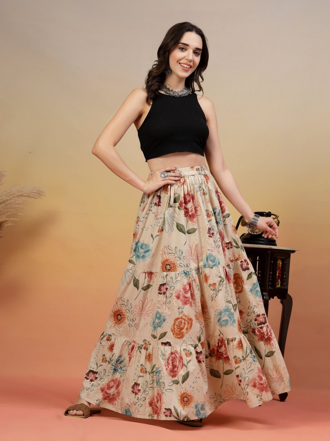 Ethnic Beige Gold Printed Cotton Skirt For Women