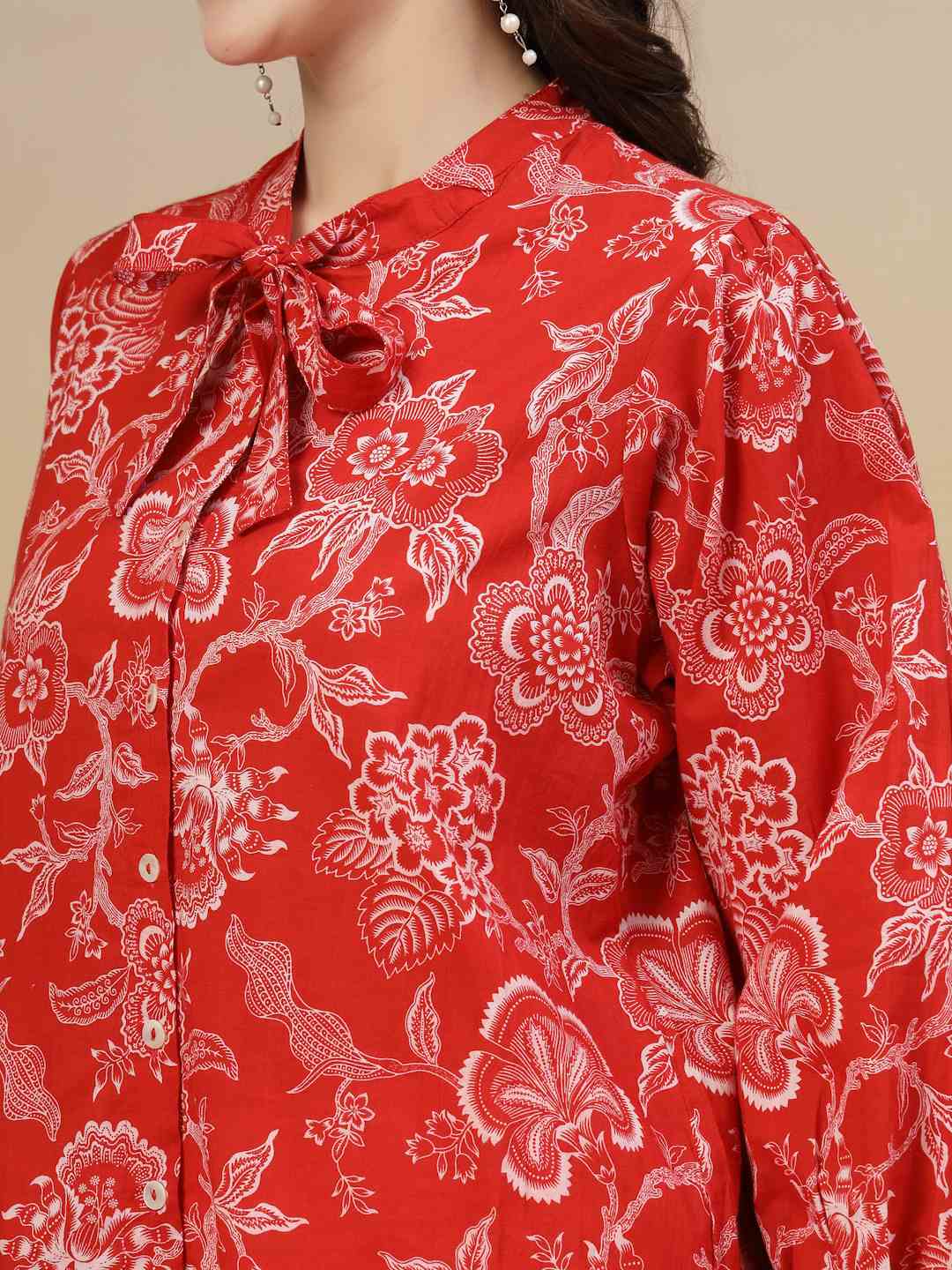 Heritage Red Cotton Printed Shirt For Women