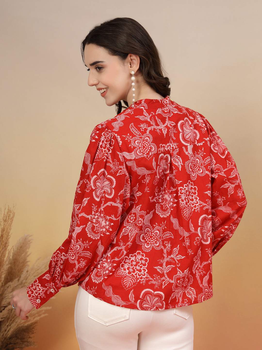 Heritage Red Cotton Printed Shirt For Women