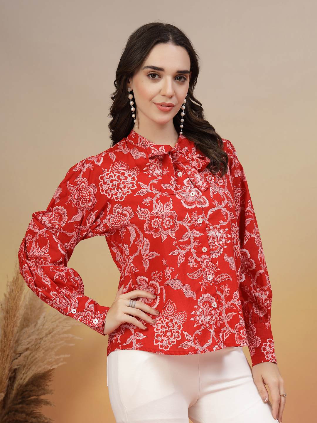 Heritage Red Cotton Printed Shirt For Women