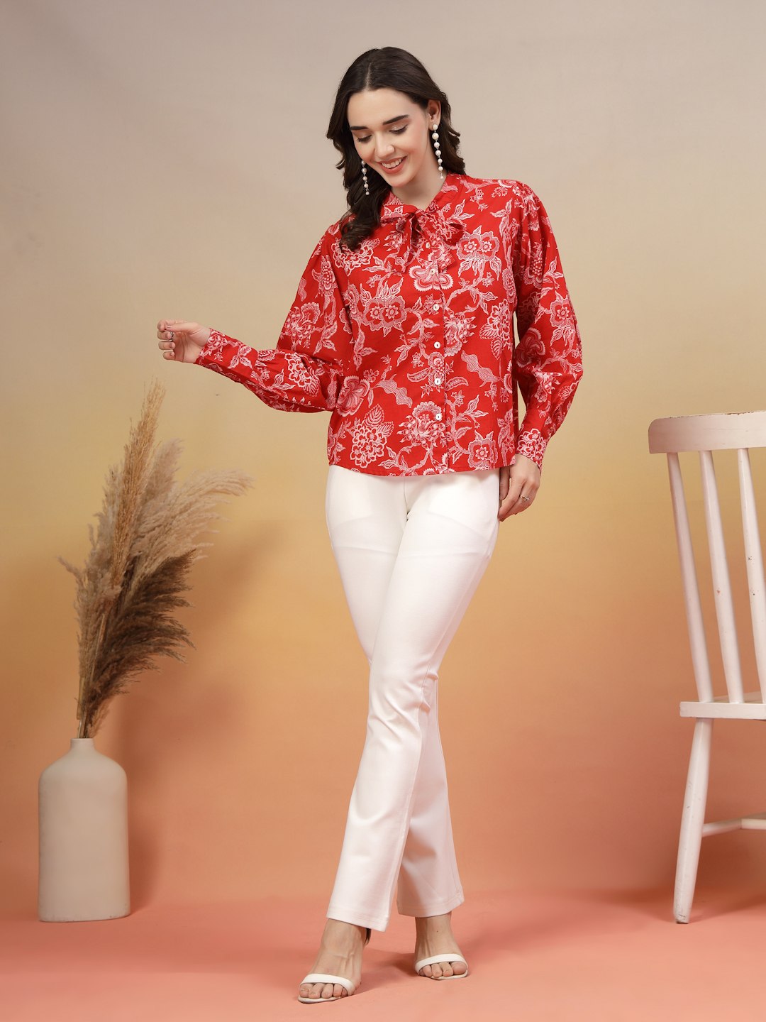 Heritage Red Cotton Printed Shirt For Women