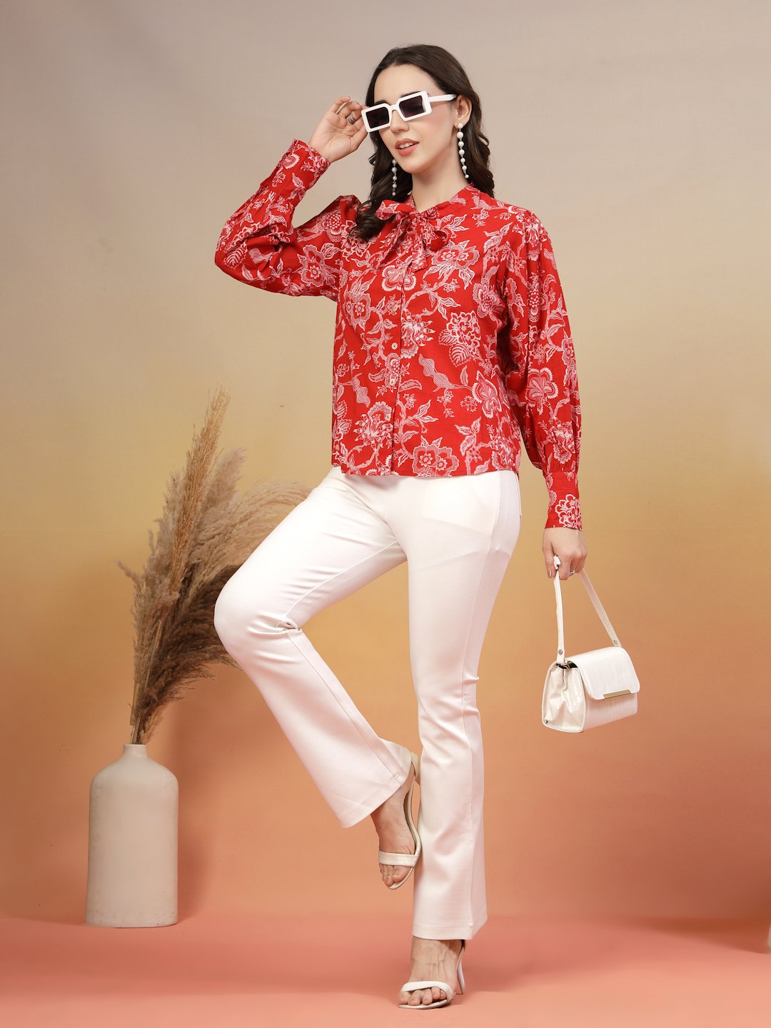 Heritage Red Cotton Printed Shirt For Women