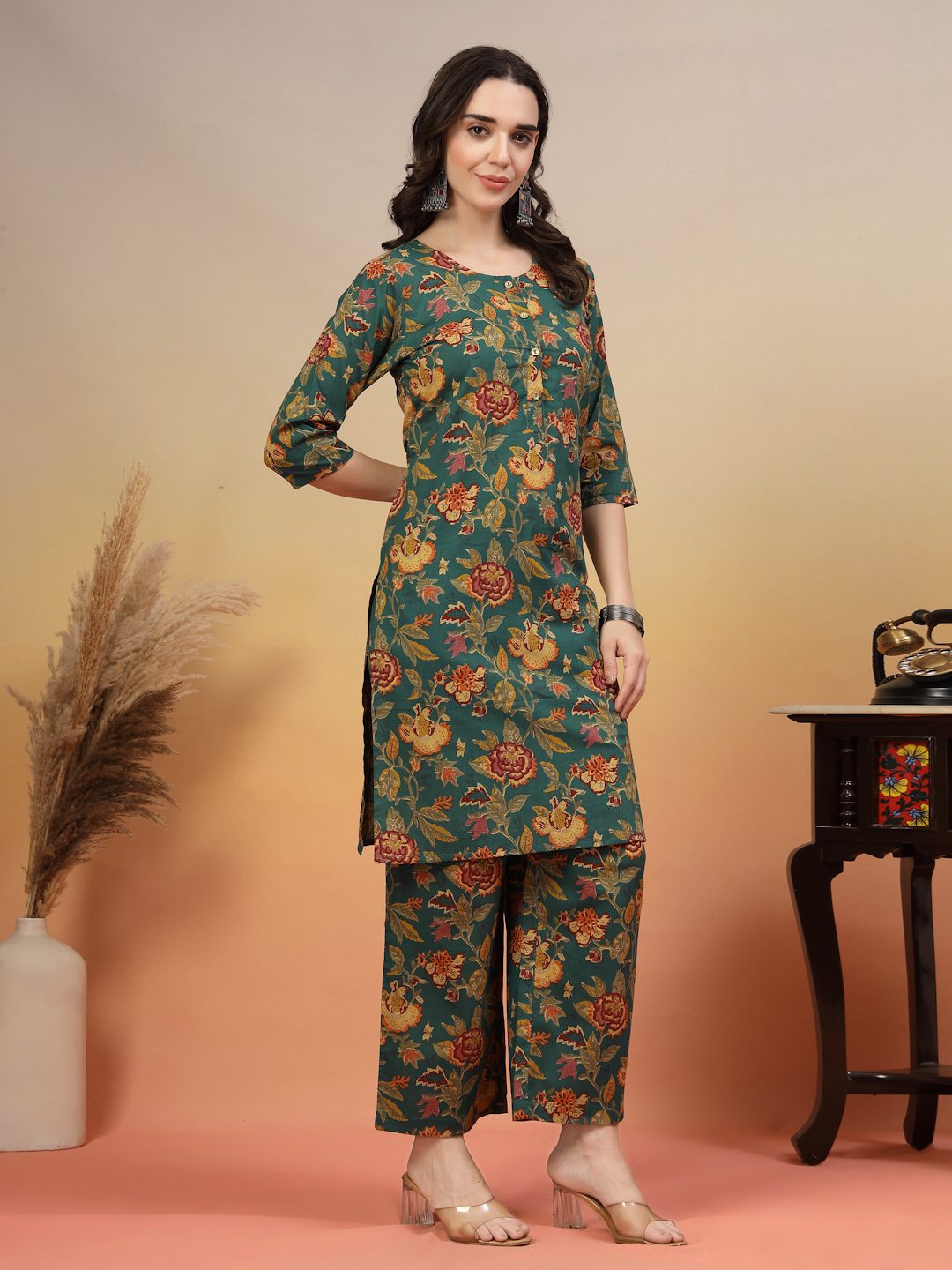 Ensemble Kurta et Palazzo en coton jaune moutarde pour femme